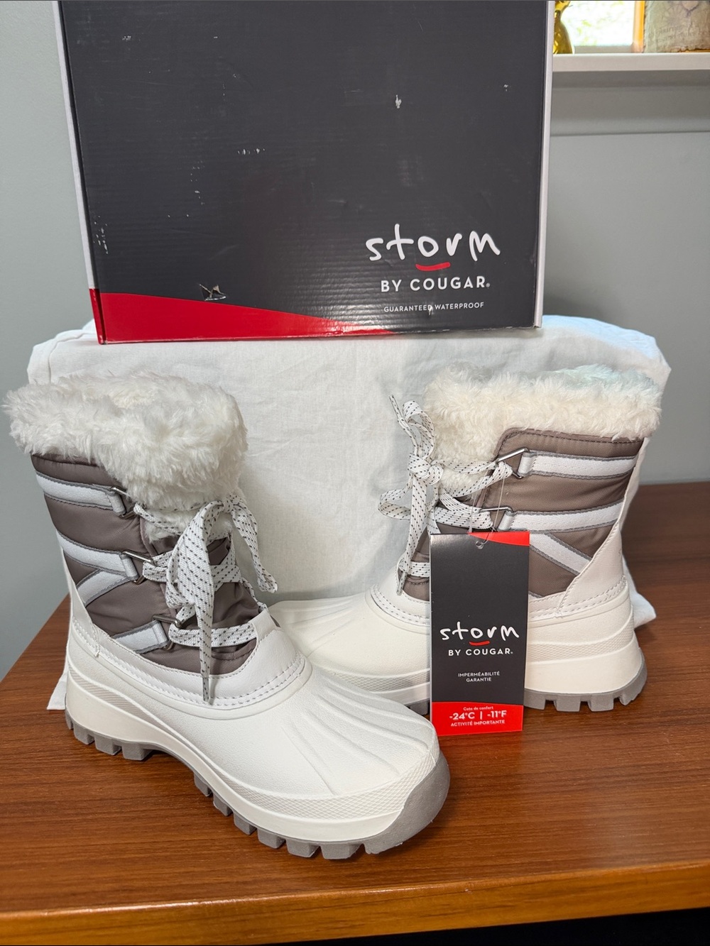 Cougar White and Taupe Faux Fur Lace-Up Snow Boot